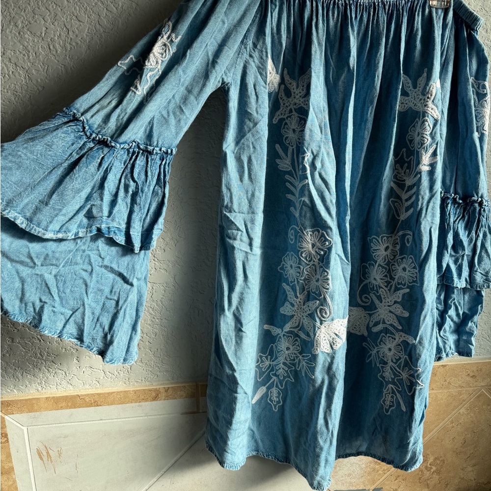 Blue Off-Shoulder Dress with White Embroidery